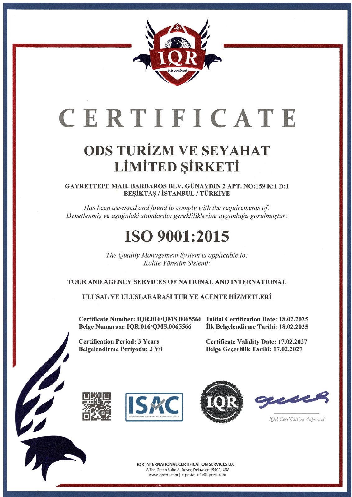 ODS TURİZM ISO 9001:2015 Certificate, valid until 17 February 2027
